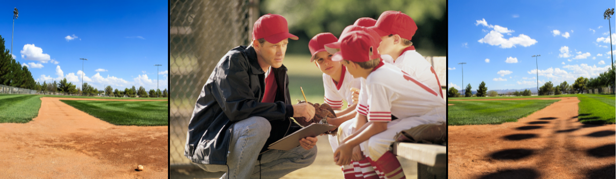 A baseball coach with young players on the field